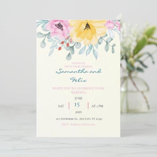 Uitnodiging voor geel en roze huwelijk (Staand voorkant)