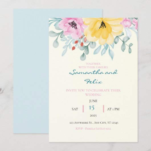 Uitnodiging voor geel en roze huwelijk (Voorkant / Achterkant)