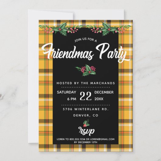 Uitnodiging voor Geel Tartan Plaid Friendsmas-fees (Voorkant)
