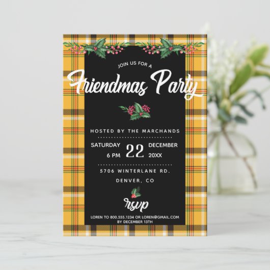 Uitnodiging voor Geel Tartan Plaid Friendsmas-fees (Staand voorkant)