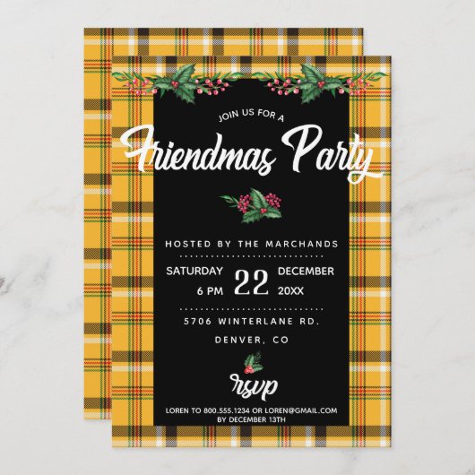 Uitnodiging voor Geel Tartan Plaid Friendsmas-fees (Voorkant / Achterkant)