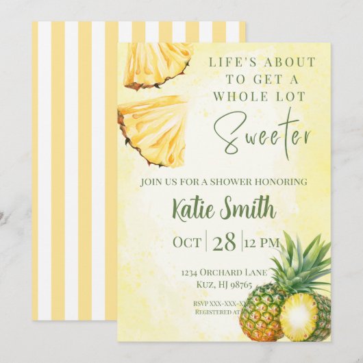 Uitnodiging voor gele ananas thema douche (Voorkant / Achterkant)