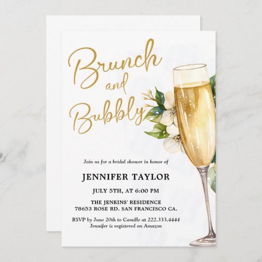 Uitnodiging voor gele brunch en bubbelige bruidsdo (Voorkant / Achterkant)