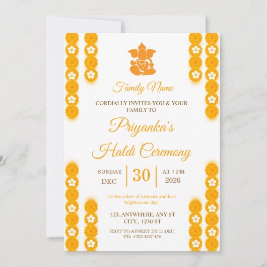 Uitnodiging voor gele Marigold Haldi-ceremonie (Voorkant)