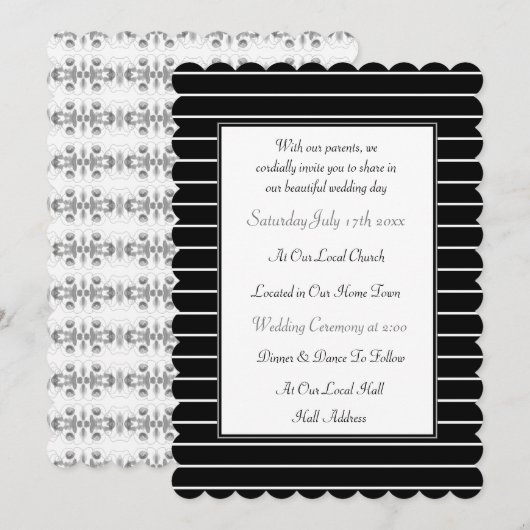 Uitnodiging voor geschulpte zwart-wit bruiloft (Voorkant / Achterkant)
