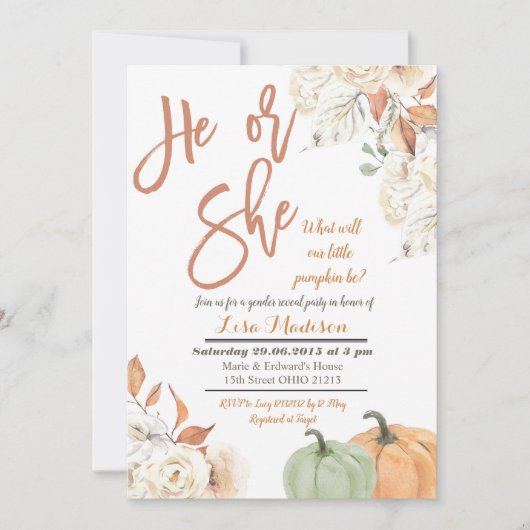 Uitnodiging voor geslacht onthulling van pompoen,  (Voorkant)