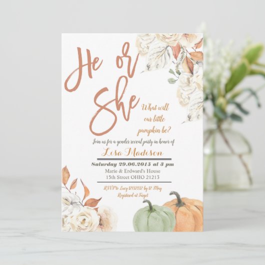 Uitnodiging voor geslacht onthulling van pompoen,  (Staand voorkant)