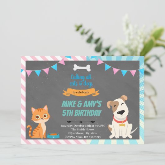 Uitnodiging voor gezamenlijk feest van kat en hond (Staand voorkant)