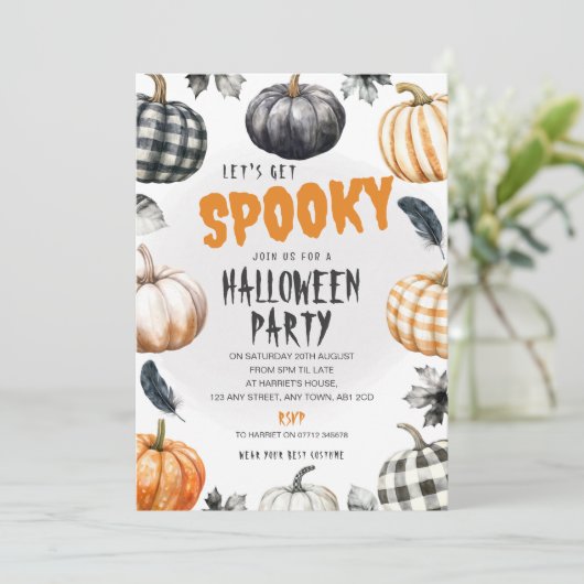 Uitnodiging voor Gingham Pompoen Halloween Feest (Staand voorkant)