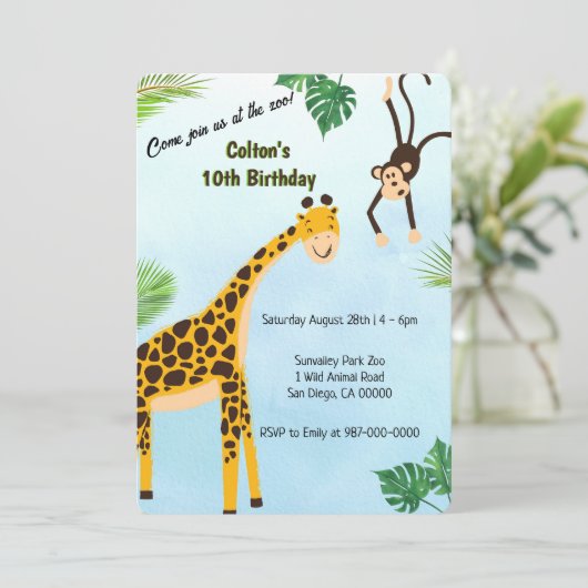 Uitnodiging voor giraffe- en apensafari of feestje (Staand voorkant)