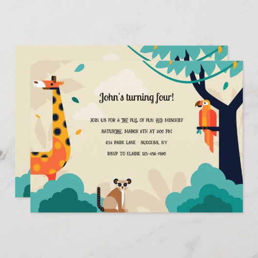 Uitnodiging voor Giraffe- en vriendenfeest (Voorkant / Achterkant)