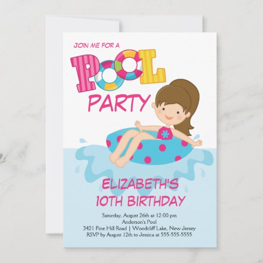 Uitnodiging voor Girl Birthday Summer Pool (Voorkant)