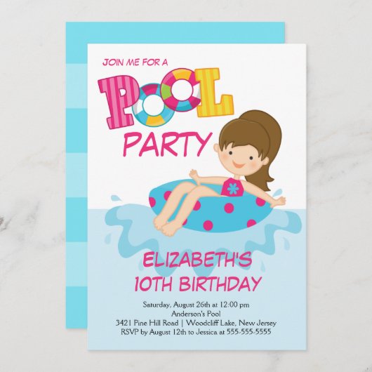 Uitnodiging voor Girl Birthday Summer Pool (Voorkant / Achterkant)