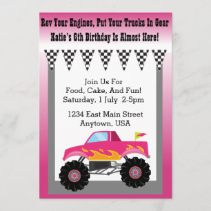 Uitnodiging voor Girls Pink Monster Truck Party