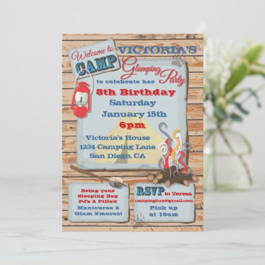 Uitnodiging voor glamping-campingfeest (Staand voorkant)