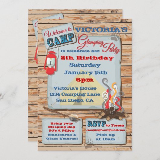 Uitnodiging voor glamping-campingfeest (Voorkant / Achterkant)