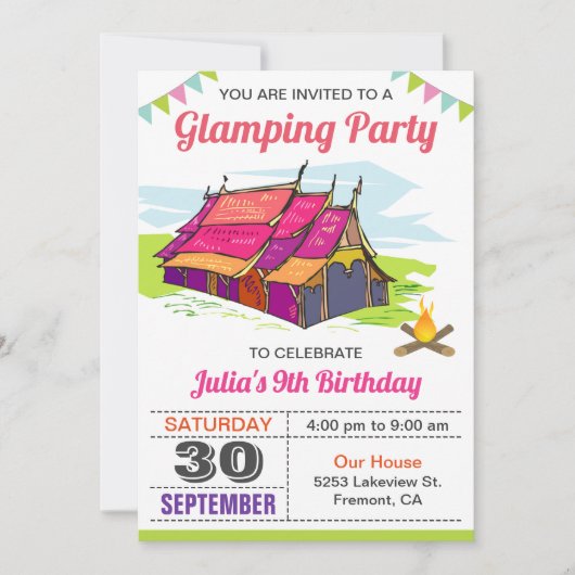 Uitnodiging voor glamping verjaardagsfeest voor me (Voorkant)