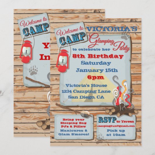 Uitnodiging voor glampingcampingfeest (Voorkant / Achterkant)