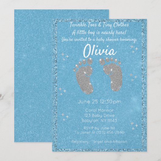 Uitnodiging voor Glitter Footprint Baby shower (Voorkant / Achterkant)