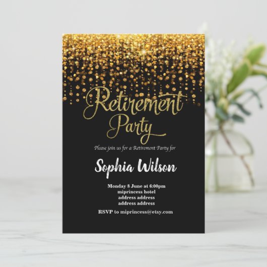 Uitnodiging voor glitter Retirement Party (Staand voorkant)