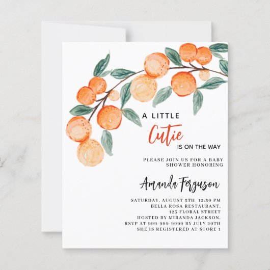Uitnodiging voor goedkope baby shower met sinaasap (Voorkant)