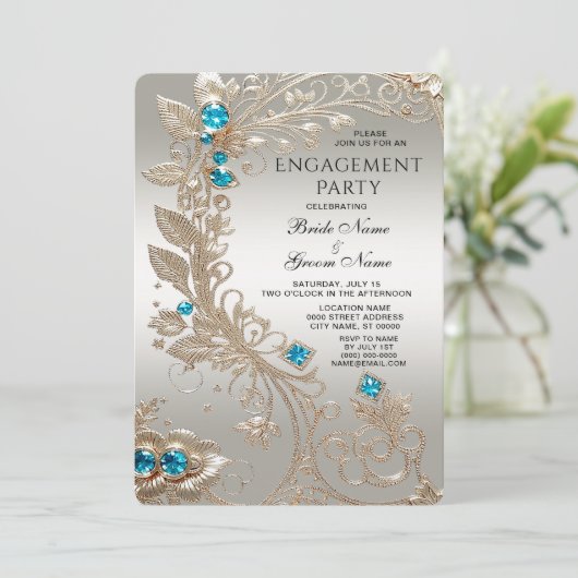 Uitnodiging voor Gold Blue Stone Verloving (Staand voorkant)