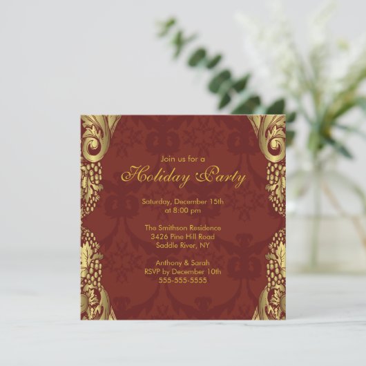 Uitnodiging voor Gold Damask-kerstfeestdag (Staand voorkant)