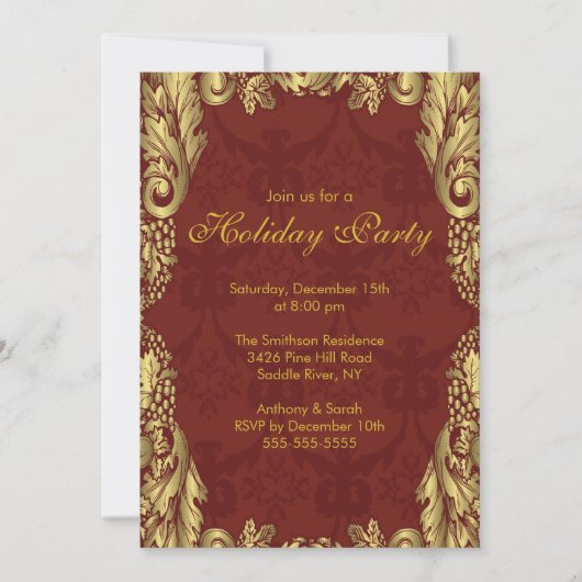 Uitnodiging voor Gold Damask-kerstfeestdag (Voorkant)