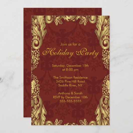 Uitnodiging voor Gold Damask-kerstfeestdag (Voorkant / Achterkant)