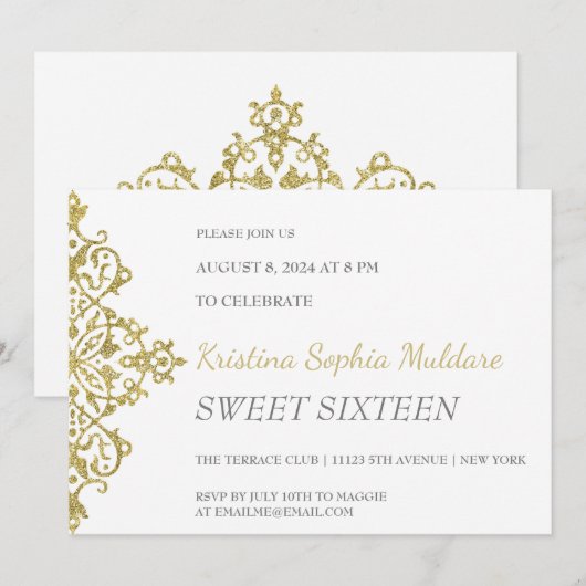 Uitnodiging voor Gold Glitter Border Party (Voorkant / Achterkant)