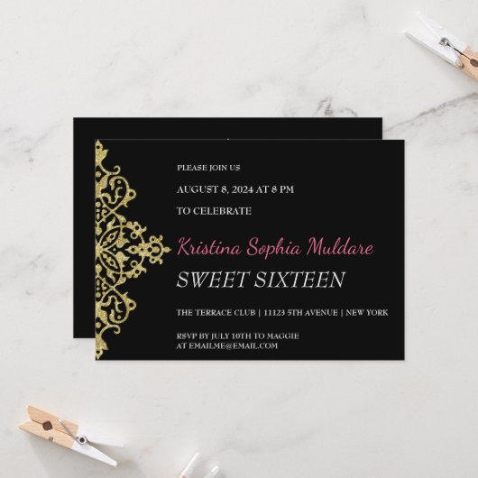 Uitnodiging voor Gold Glitter Border Party (Voorkant / Achterkant in situ)