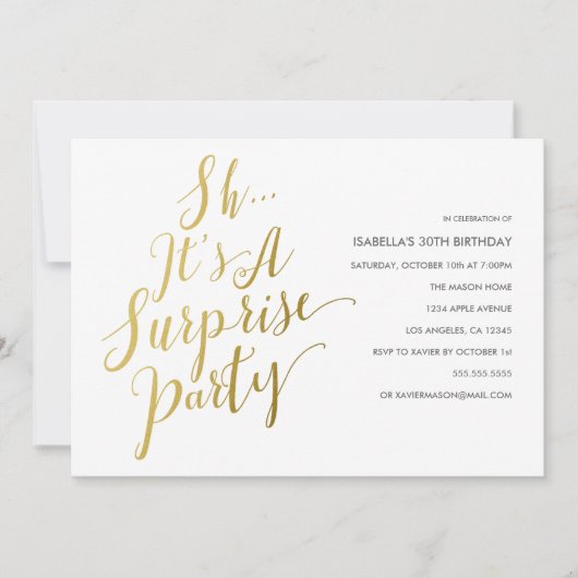 Uitnodiging voor Gold Script Surprise Party (Voorkant)