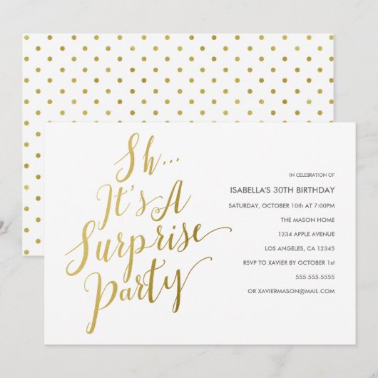 Uitnodiging voor Gold Script Surprise Party (Voorkant / Achterkant)