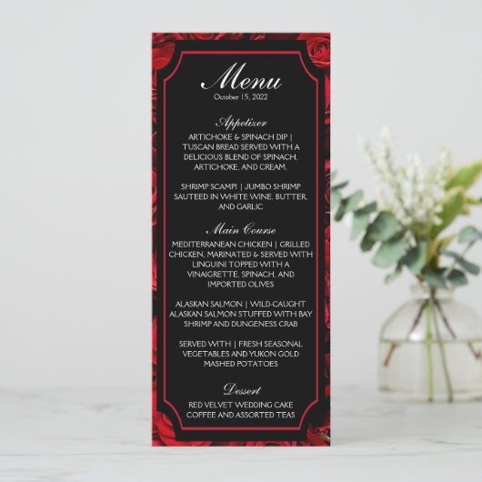 Uitnodiging voor gothic Roos Wedding Menu (Staand voorkant)