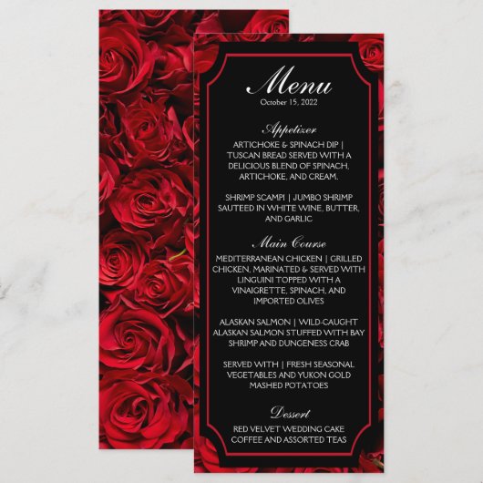 Uitnodiging voor gothic Roos Wedding Menu (Voorkant / Achterkant)