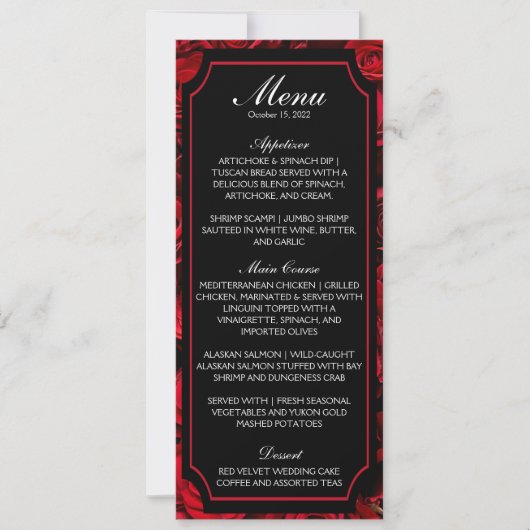 Uitnodiging voor gothic Roos Wedding Menu (Voorkant)