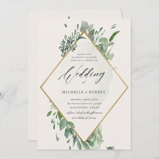 Uitnodiging voor goudbruinbruiloft met elegant gou (Voorkant / Achterkant)