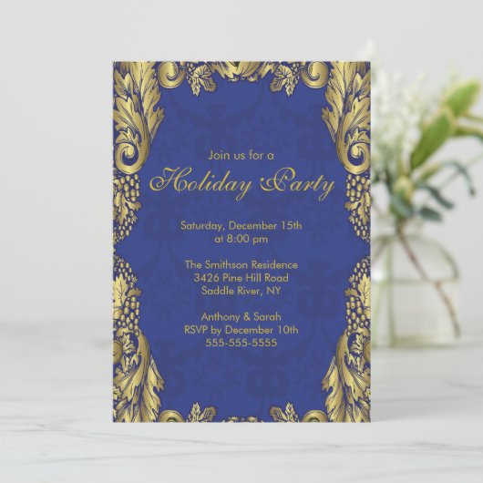 Uitnodiging voor gouden en blauwe kerstfeestdagen (Staand voorkant)