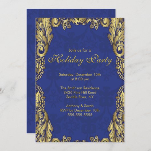 Uitnodiging voor gouden en blauwe kerstfeestdagen (Voorkant / Achterkant)