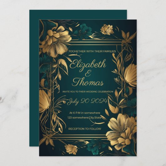 Uitnodiging voor gouden en groene luxe thema. (Voorkant / Achterkant)