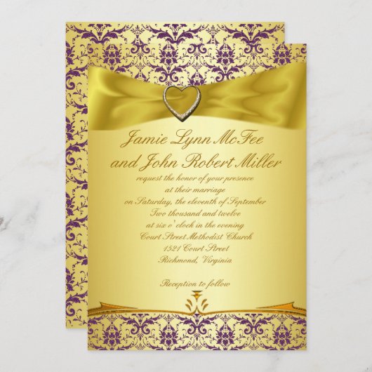Uitnodiging voor gouden en Paarse Damask-bruiloft (Voorkant / Achterkant)