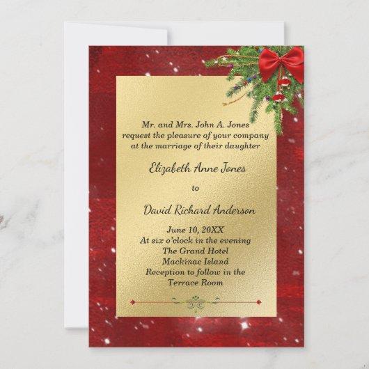 Uitnodiging voor gouden en rode kerstbruiloft (Voorkant)