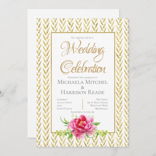 Uitnodiging voor gouden en roze bruiloft (Voorkant / Achterkant)