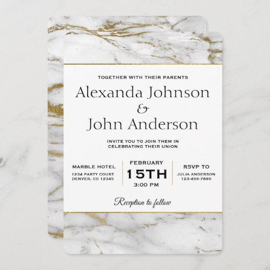 Uitnodiging voor gouden en witte marmer (Voorkant / Achterkant)