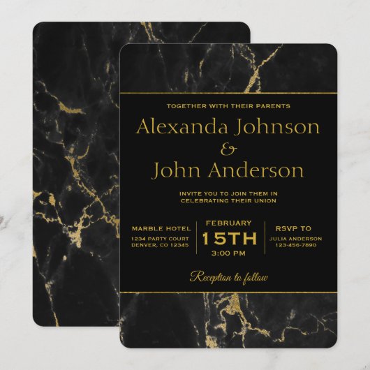 Uitnodiging voor gouden en zwarte marmer (Voorkant / Achterkant)