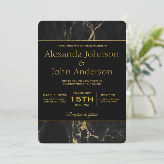 Uitnodiging voor gouden en zwarte marmer (Staand voorkant)