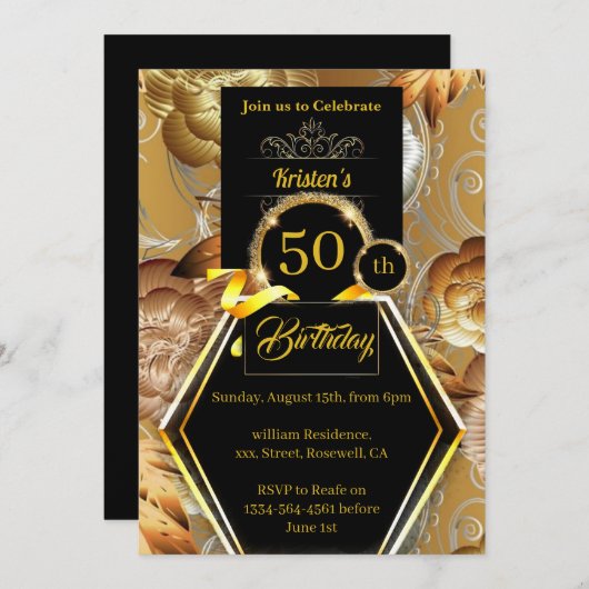 Uitnodiging voor gouden en zwarte verjaardag (Voorkant / Achterkant)