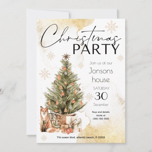 Uitnodiging voor gouden kerstboom-winterfeest (Voorkant)