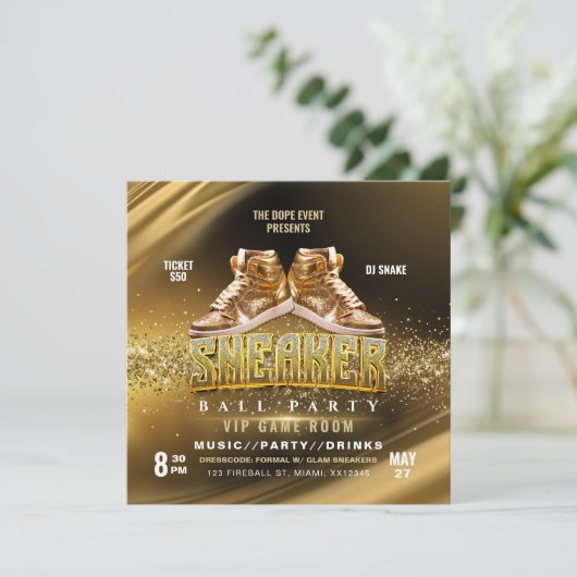 Uitnodiging voor gouden sneakerfeestje (Staand voorkant)