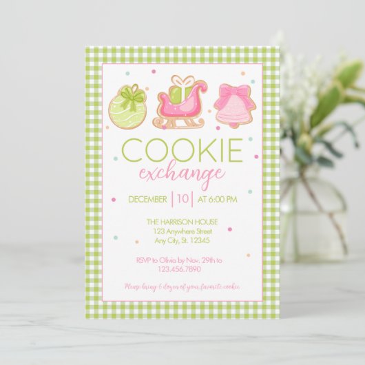 Uitnodiging voor Green Gingham Christmas Cookie Ex (Staand voorkant)